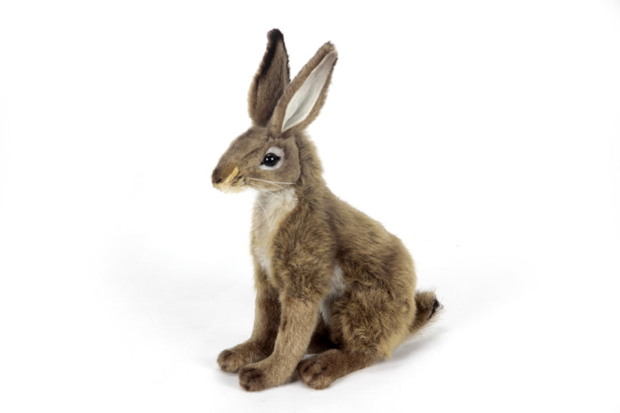 Hansa Creation Jackrabbit Liten – naturtro brun og grå jackrabbit plysj med lange ører, 17 cm