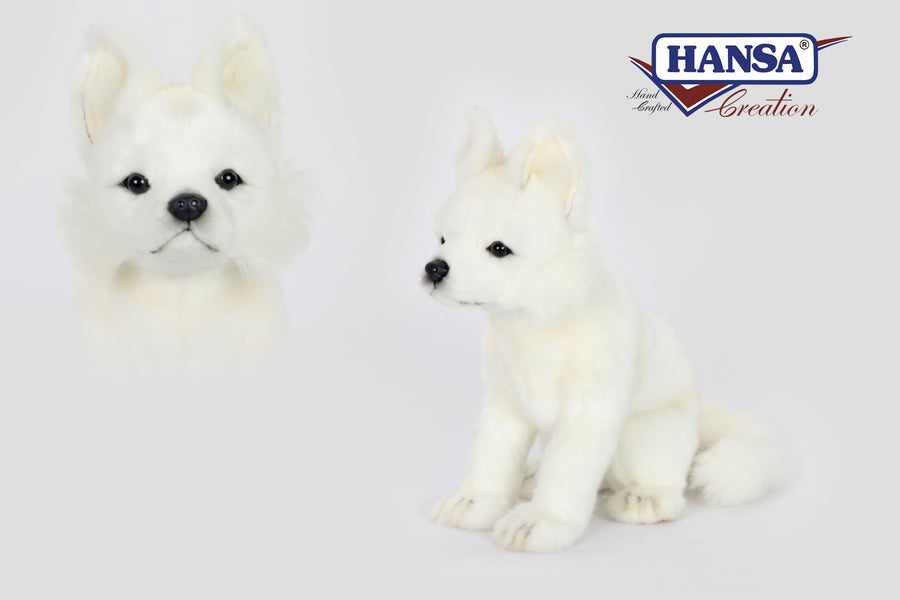Hansa Creation Snow Fox Valp detalj – nærbilde av broderte øyne og hvit pels
