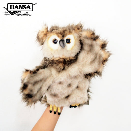 Hansa Creation Ugle Hånddukke – naturtro ugle med brune og hvite fjær og gule øyne, 30 cm