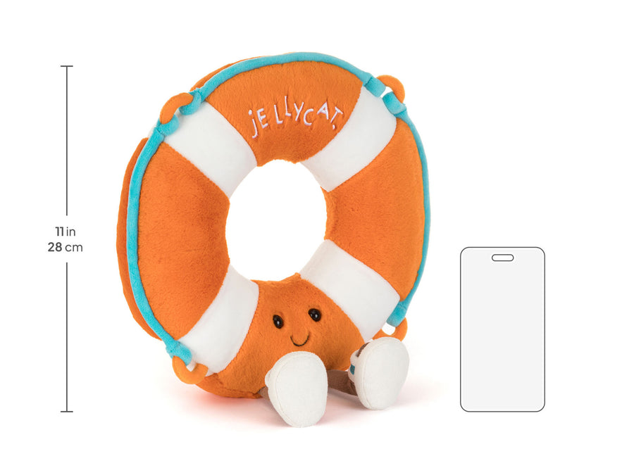 Jellycat Amuseables Life Ring – størrelsesvisning, 33 cm redningsbelte-kosedyr