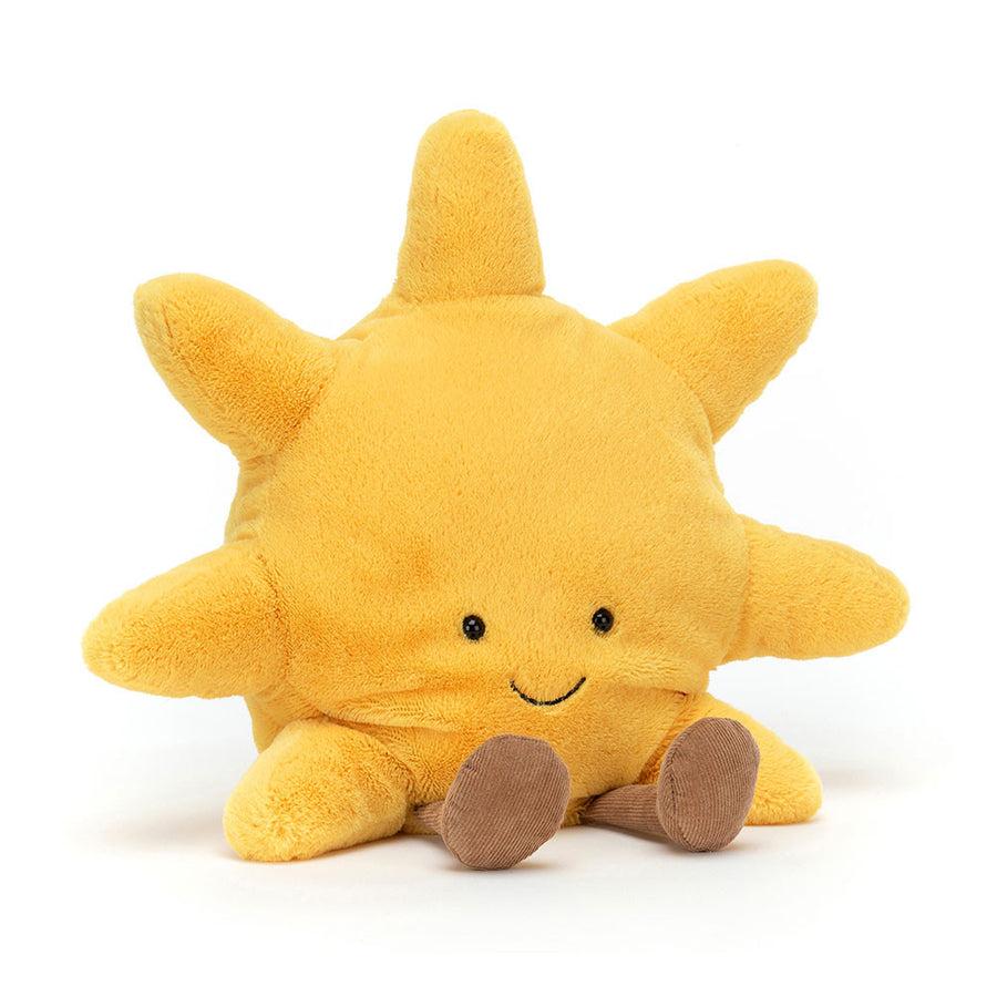 Amuseables Sun fra Jellycat – myk gul solkosedyr med brodert smil og kordfløyelsben