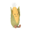 Jellycat Amuseables Sweetcorn – gul og grønn maiskolbe kosedyr med smilende ansikt og grønne blader, 22 cm