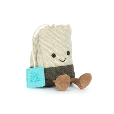Jellycat Amuseables Steepy Tea Bag – beige tepose-kosedyr med smilende ansikt og dinglende bein, 19 cm
