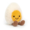 Jellycat Amuseables Happy Boiled Egg – hvit og gul egge-kosedyr med smilende ansikt og kordfløyelsbein, 14 cm