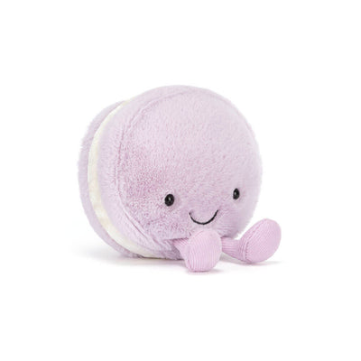 Jellycat Amuseables May Macaron Lavendel – liten lavendel makron-kosedyr med kremfarge fyll og kordfløyelsbein, 12 cm