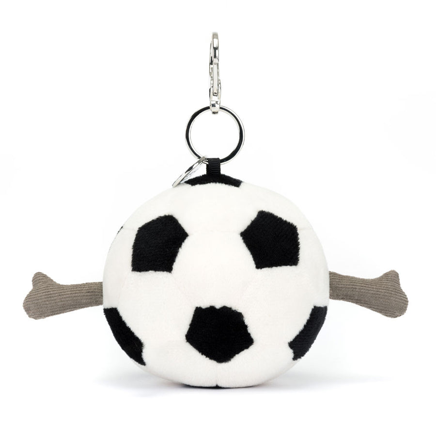 Jellycat Amuseables Sports Football Bag Charm detalj – nærbilde av smilende ansikt og metallfeste