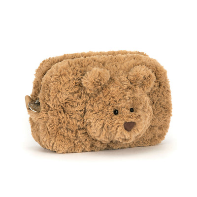 Jellycat Bartholomew Bear Pouch – beige bjørne-pung med brodert ansikt og glidelåslomme