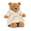 Jellycat Bartholomew Bear Bathrobe – beige bjørnebamse i myk hvit badekåpe med belte, 26 cm