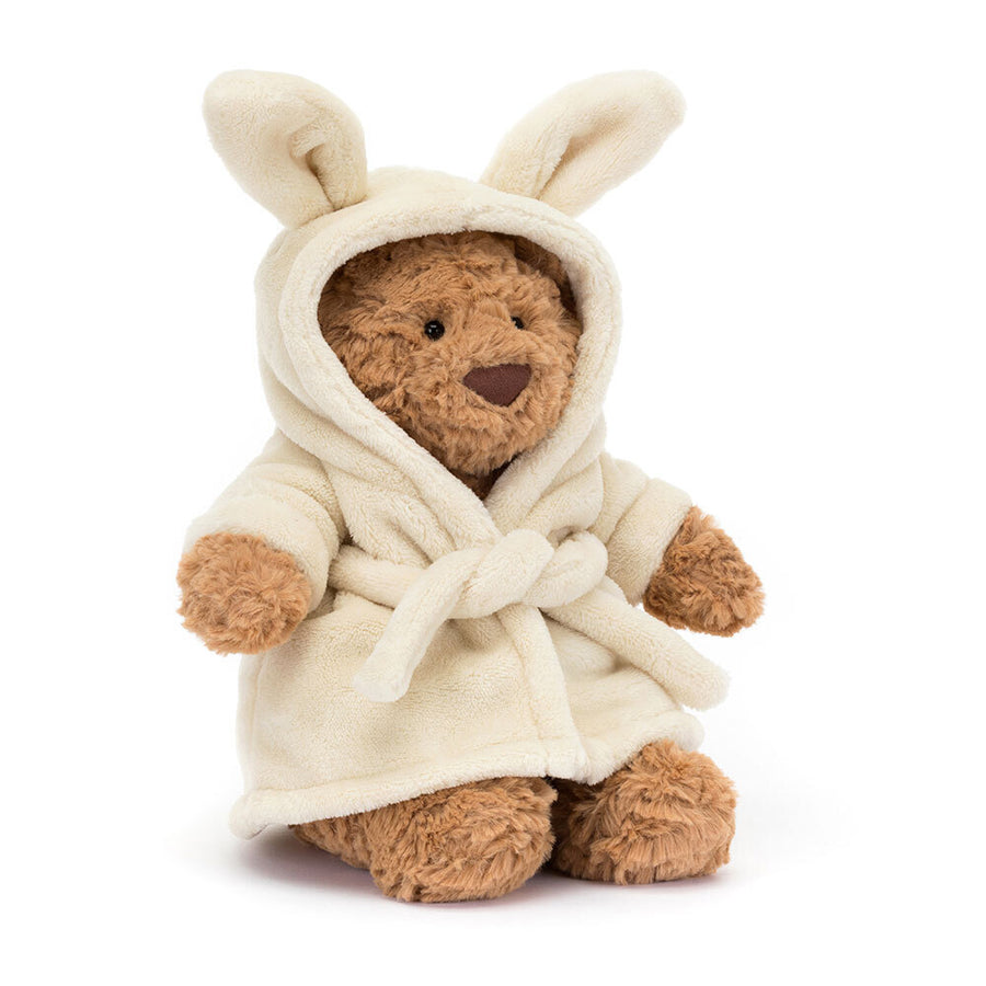 Jellycat Bartholomew Bear Bathrobe liggende – myk kosebamse i badekåpe