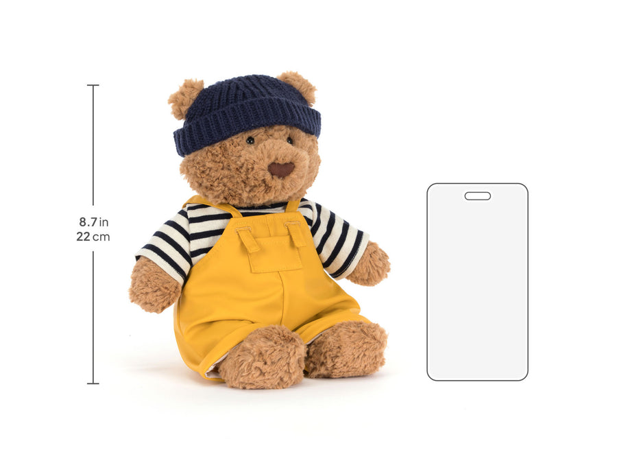 Jellycat Bartholomew Bear Seafarer liggende – myk beige bjørnebamse i sjømannsdrakt, 22 cm