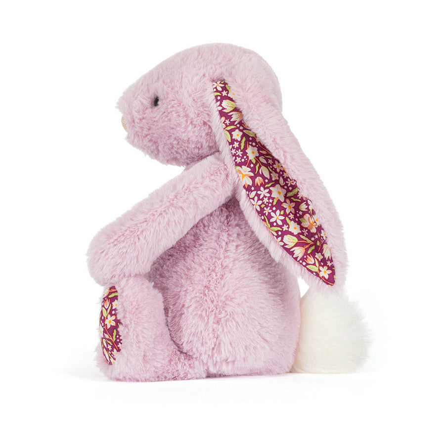 Jellycat Thistlepop Blossom Luxe Bunny detalj – nærbilde av blomsterdetaljer og fløyelsmyk pels
