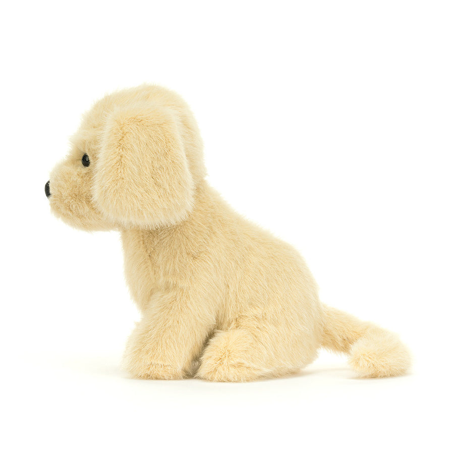 Jellycat Golden Puppy detalj – nærbilde av broderte øyne og gyllen pels
