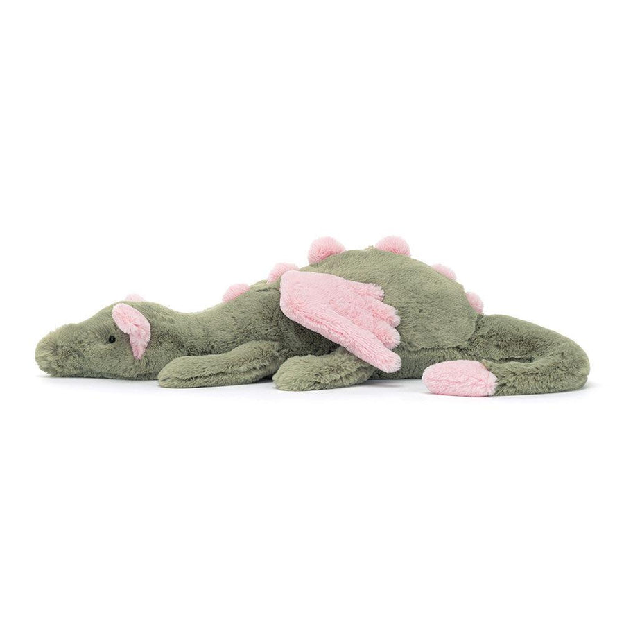 Jellycat Malachy Dragon sett fra siden – grønn drage med rosa vinger og lang, myk hale