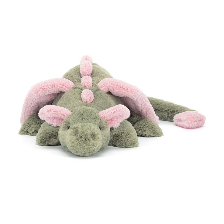 Jellycat Malachy Dragon ovenfra – rosa vinger og grønn rygg på liggende dragebamse