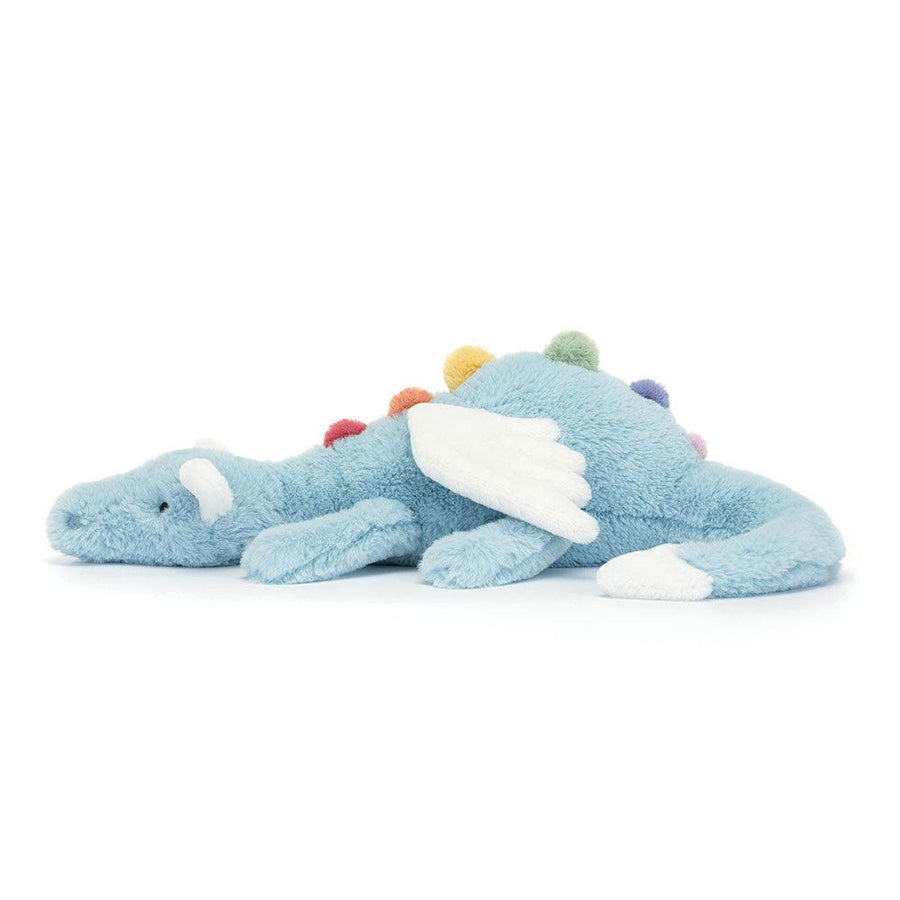 Jellycat Sky Dragon Large sett fra siden – himmelblå drage med myke vinger