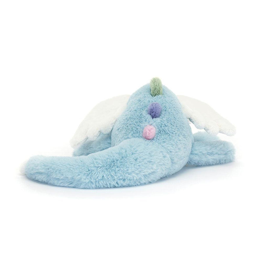 Jellycat Sky Dragon Large detalj – nærbilde av regnbuepigger og ansikt