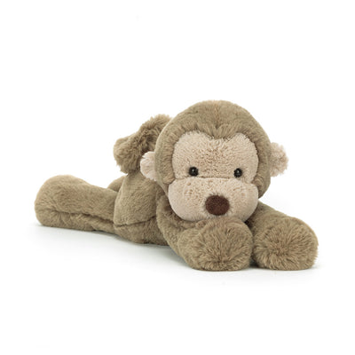 Jellycat Smudge Monkey Original – lys brun apekatt-kosedyr med lange armer, liggende