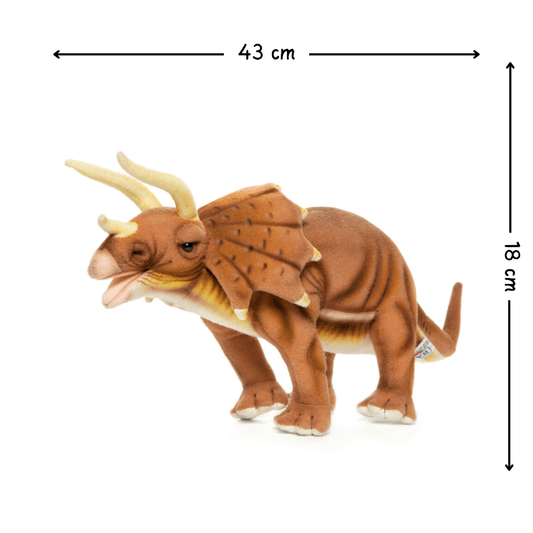 Hansa Creation Triceratops Dinosaur – naturtro grønn og brun triceratops plysj med tre horn, 43 cm
