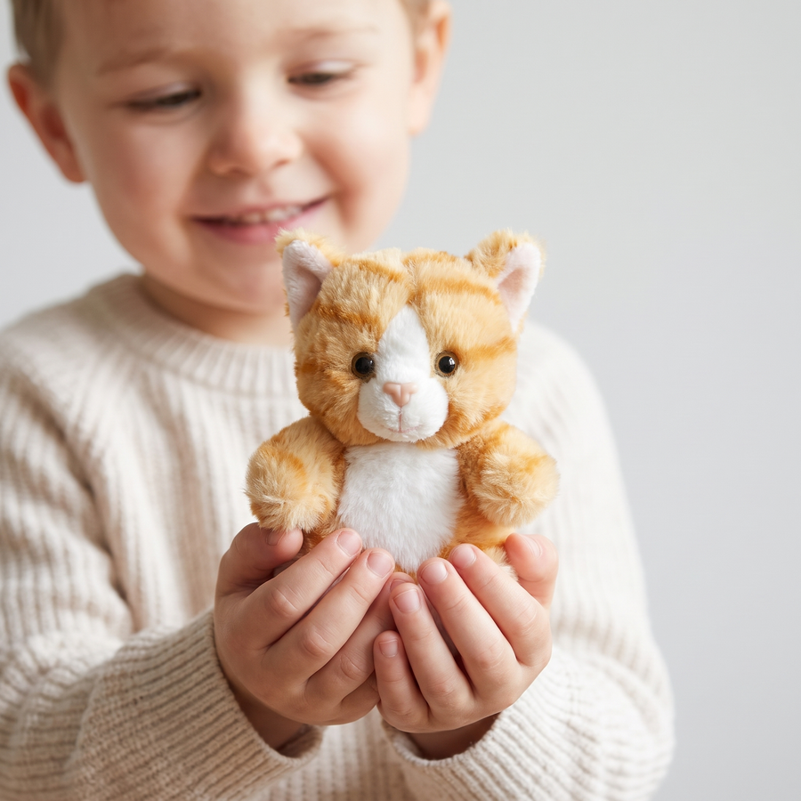 Barn som holder Teddy Cats kosekatt - viser størrelse 12 cm, Teddykompaniet