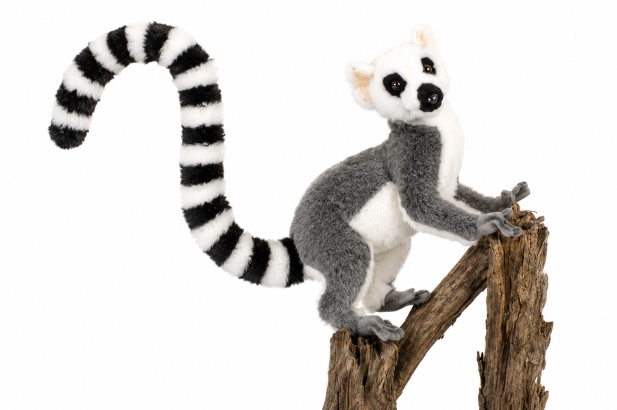 Hansa Creation Lemur Bamse – naturtro ringhalememur med svart og hvit stripete hale, 30 cm