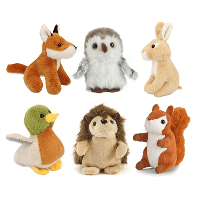 Living Nature Mini Skogsdyr Kosedyr – samling av 6 norske skogsdyr: rev, ugle, kanin, pinnsvin, and og ekorn, 10 cm