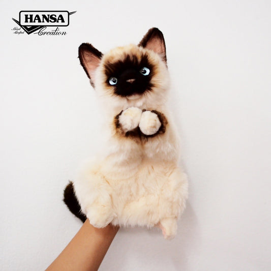 Hansa Creation Ragdoll Katt Hånddukke 30 cm – naturtro kremhvit Ragdoll katt hånddukke med blå øyne
