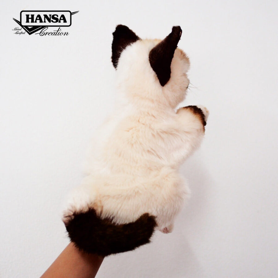 Hansa Creation Ragdoll Katt Hånddukke detalj – nærbilde av blå øyne og kremhvit pels