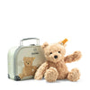 Steiff Jimmy Teddybjørn i Koffert – Jimmy-bamsen i lysebrun plysj med sin reisekoffert, 25 cm