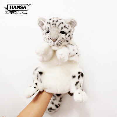 Hansa Creation Snøleopard Hånddukke – naturtro hvit og grå snøleopard hånddukke med flekkete pels, 32 cm