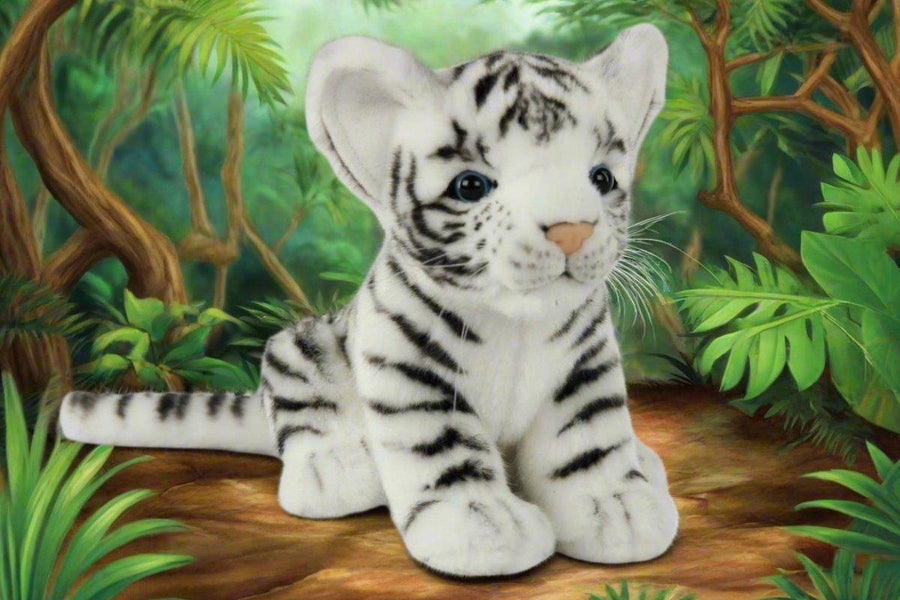 Hansa Creation Hvit Tigerunge Bamse – naturtro hvit tigerunge plysj med svarte striper og blå øyne