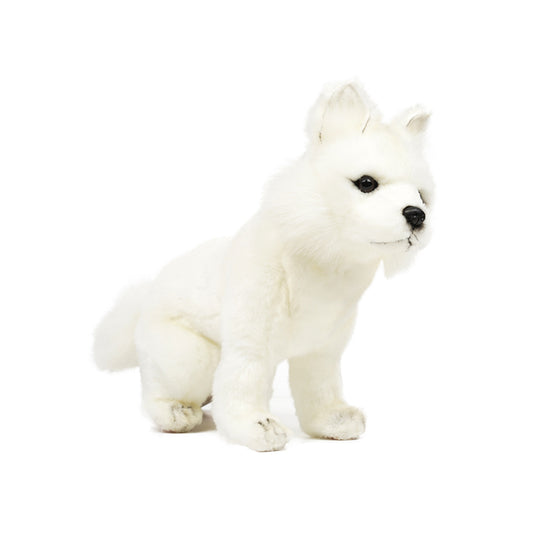 Hansa Creation Snow Fox Valp Sittende – naturtro hvit arktisk rev-valp plysj sittende, 25 cm