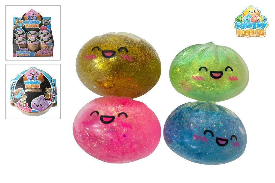 Squishy Dumpling Glitter – fire varianter i gull, grønn, rosa og blå glitter, 9 cm