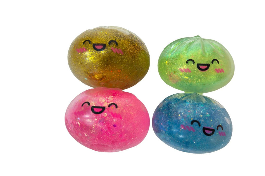 Squishy Dumpling Glitter uten emballasje – gull, grønn, rosa og blå glitterdumplings