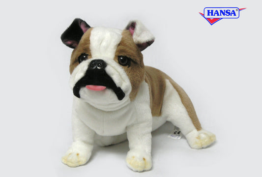 Hansa Creation Bulldog Sittende – naturtro brun og hvit Bulldog hundebamse sittende, 19 cm