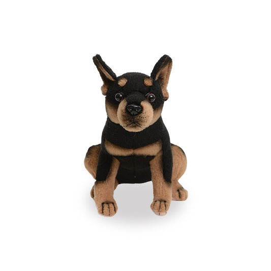 Hansa Creation Pinscher Teacup – naturtro brun og svart Miniaturpinscher hundebamse, 16 cm