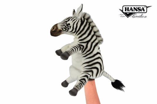 Hansa Creation Sebra Hånddukke – naturtro sebra med svart og hvit striping og myk munn, 29 cm