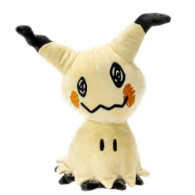 Pokémon Mimikyu plysj kosedyr 20 cm – beige Pikachu-forkledning med malt ansikt og svart skygge hengende bak