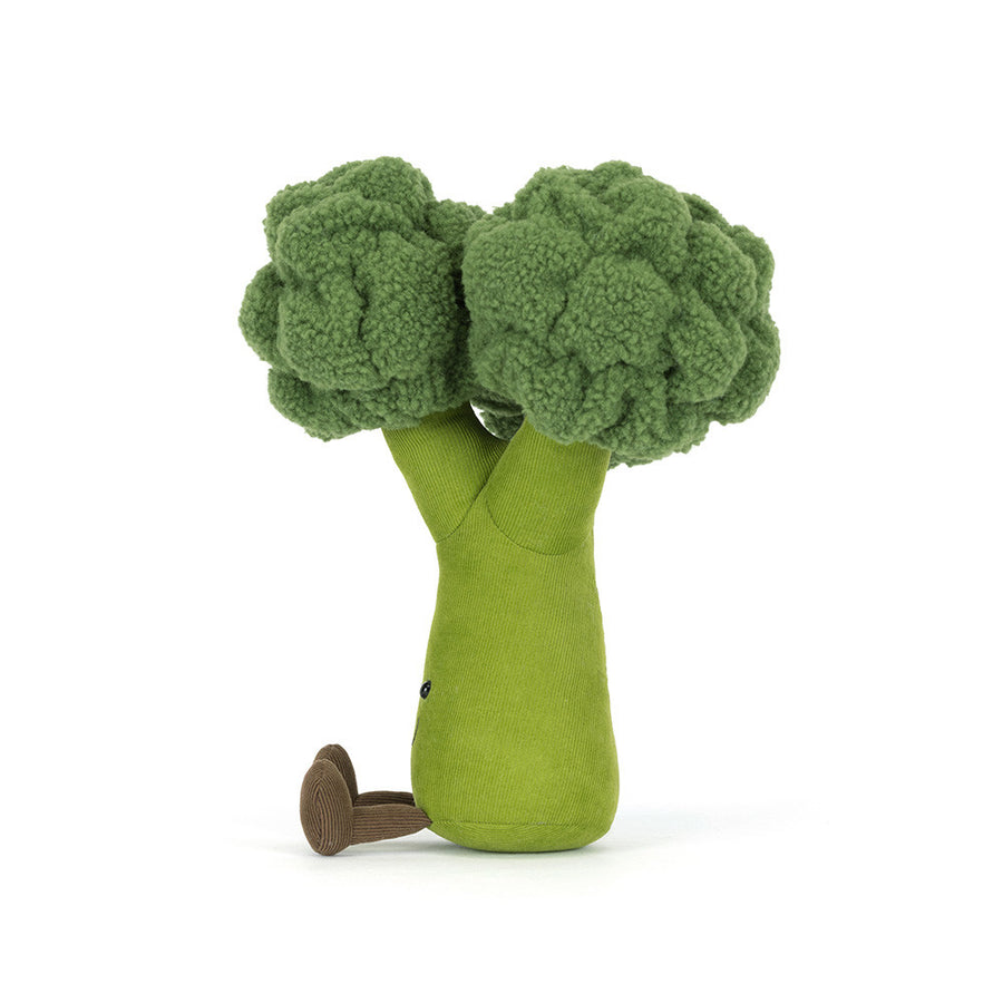 Jellycat Amuseables Broccoli detalj – nærbilde av smilende ansikt og brokkoli-tekstur