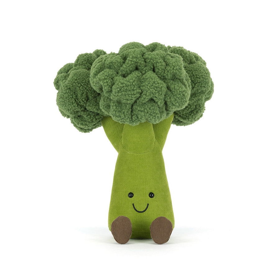 Jellycat Amuseables Broccoli liggende – myk grønn plysj brokkoli på hvit bakgrunn