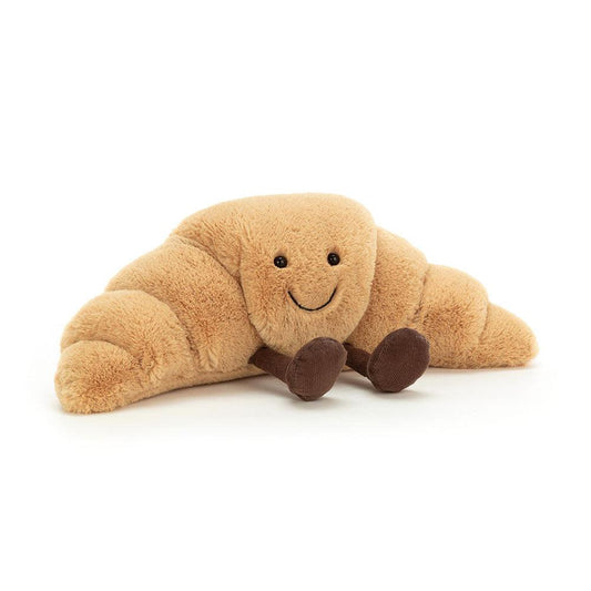 Jellycat Amuseables Croissant – gyllen brun croissant kosedyr med smilende ansikt og kordfløyelsbein