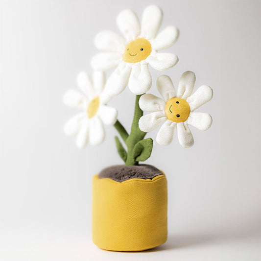 Jellycat Amuseables Daisy – hvit og gul blomst-kosedyr med smilende ansikt og grønne blader