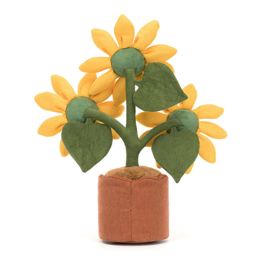 Jellycat Amuseables Potted Sunflower sett fra siden – grønn potte med tre glade solsikker