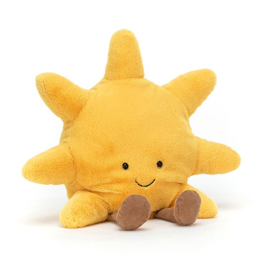 Amuseables Sun fra Jellycat – myk gul solkosedyr med brodert smil og kordfløyelsben