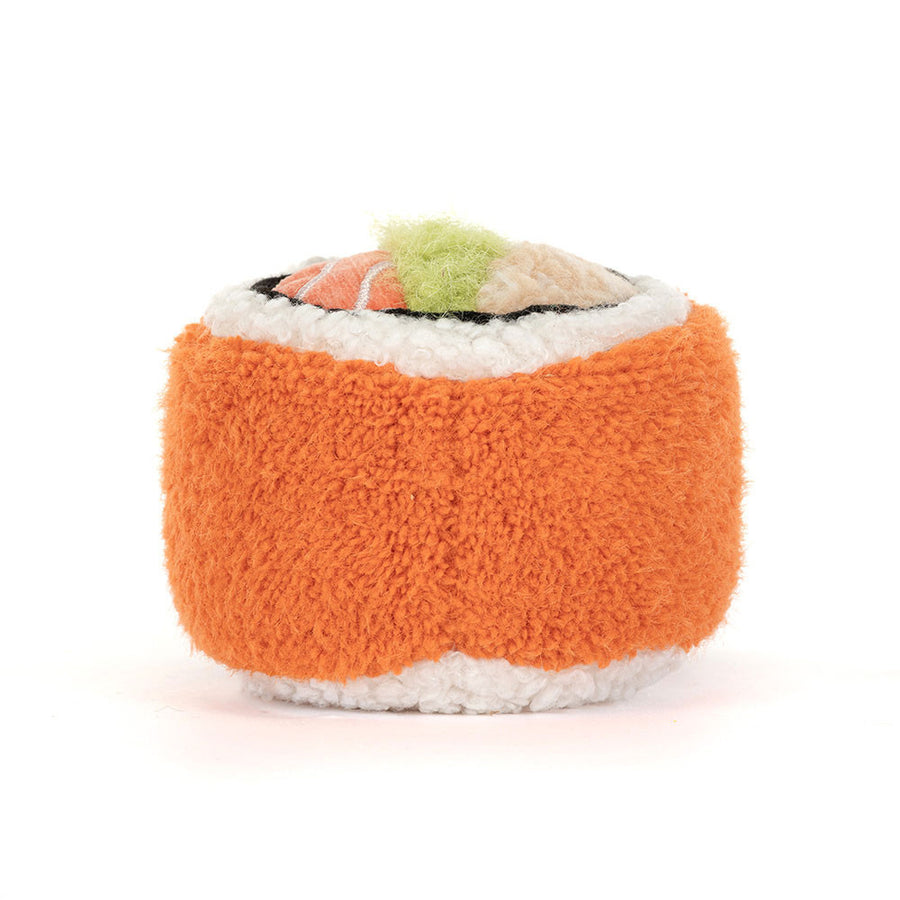 Jellycat Codhi Californian Roll detalj – nærbilde av ansikt og fyll