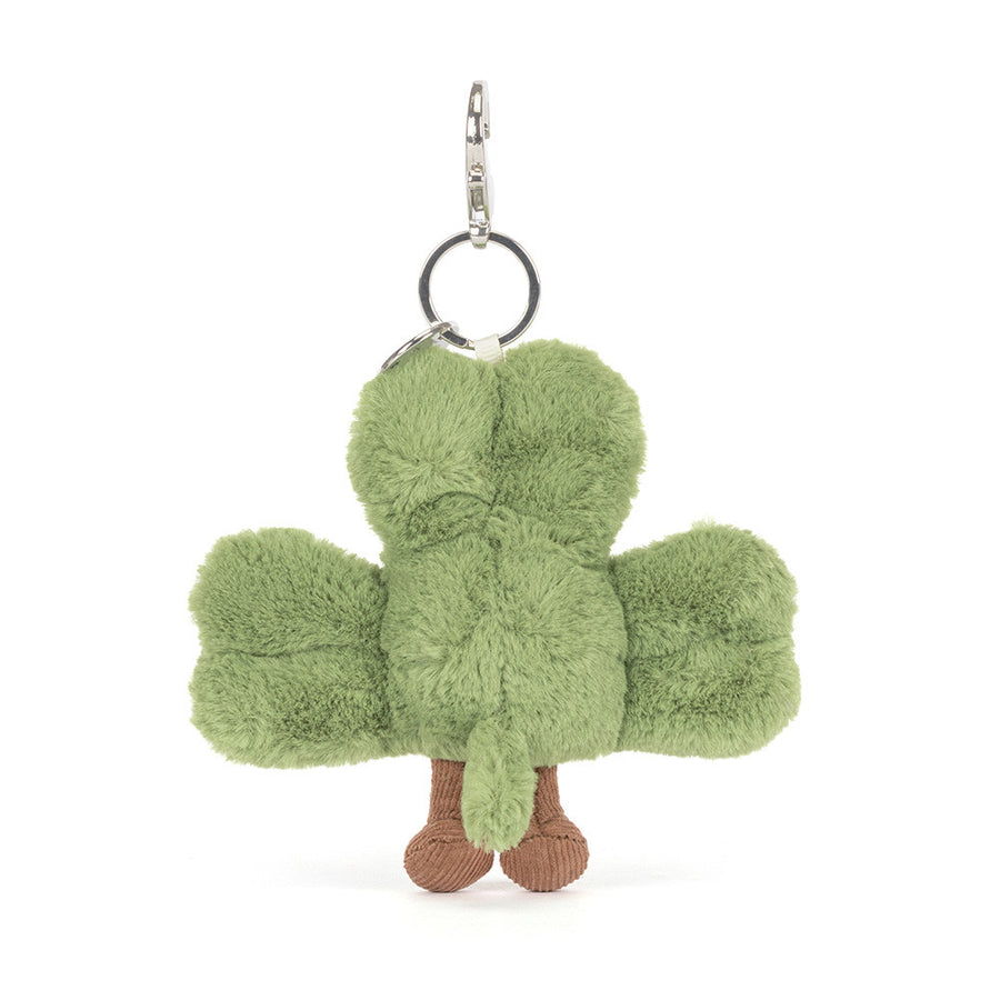 Jellycat Amuseables Shamrock Bag Charm – grønn firkløver nøkkelring med smilende ansikt og metallfeste, 15 cm