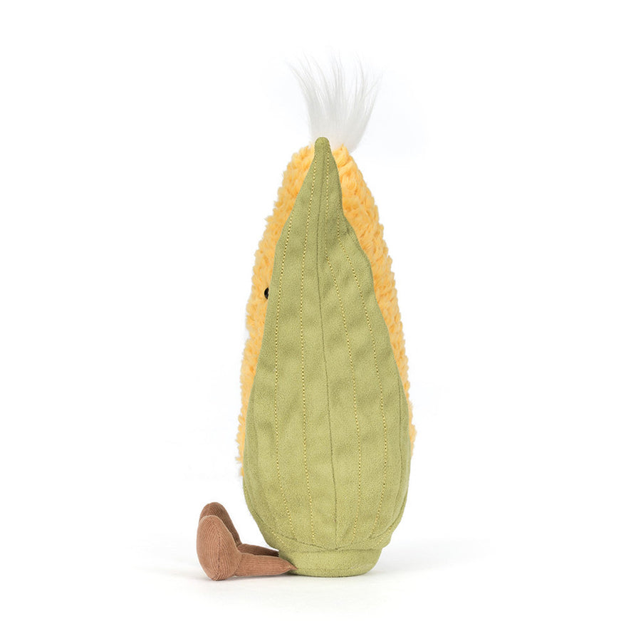Jellycat Amuseables Sweetcorn detalj – nærbilde av smilende ansikt og mais-tekstur