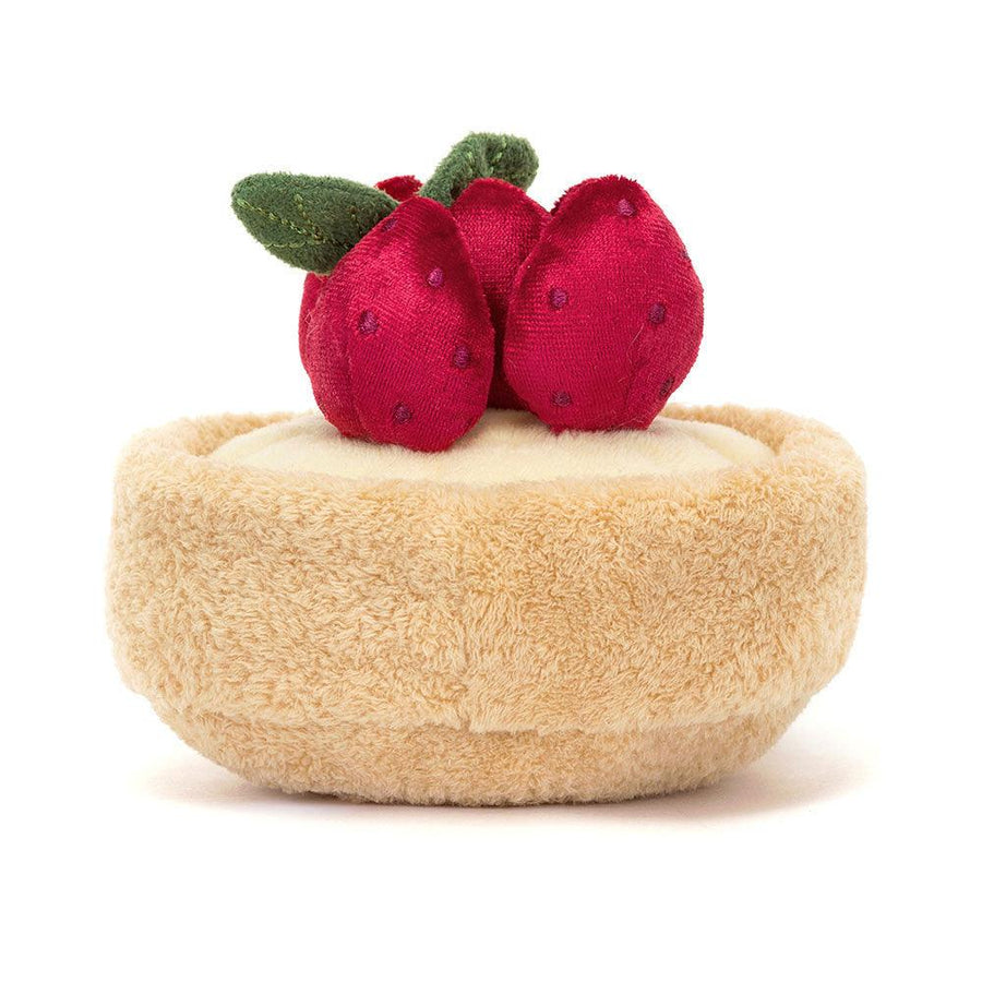 Jellycat Amuseables Tarte Aux Fraises detalj – nærbilde av smilende ansikt og jordbær-detaljer