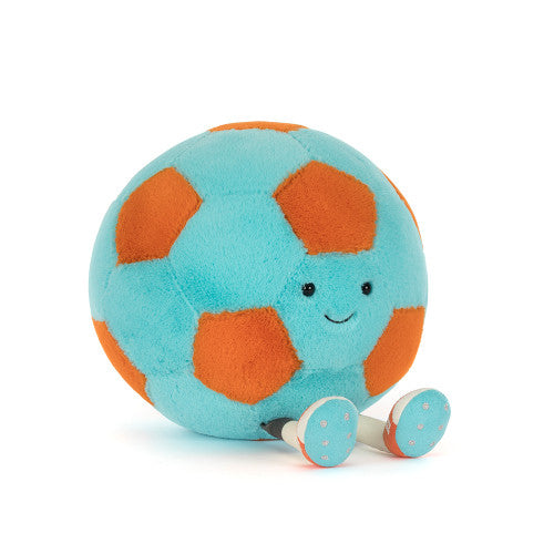 Jellycat Amuseables Football – mykt fotball-kosedyr i blå og oransje med smilende ansikt, 27 cm