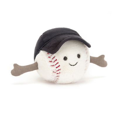 Jellycat Amuseables Sports Baseball – myk baseball kosedyr med smilende ansikt og rød søm, 10 cm