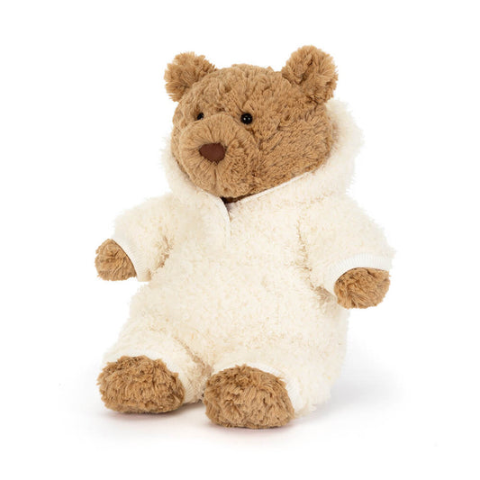 Jellycat Bartholomew Bear All-in-One Outfit – beige bjørnebamse i heldekkende krem antrekk, avtakbare klær, 28 cm